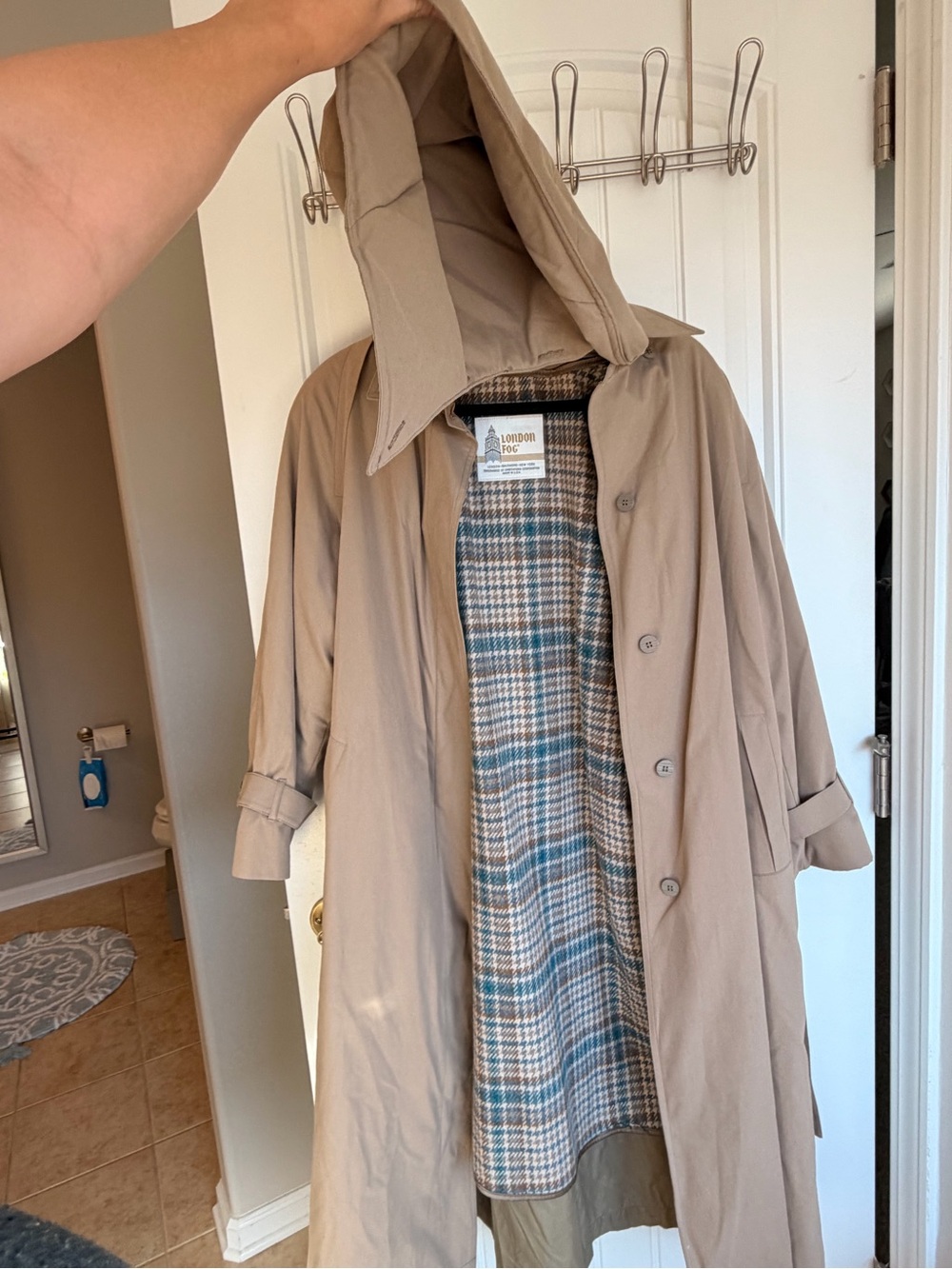 London Fog Tan Hooded Trench Coat with Plaid Lining
